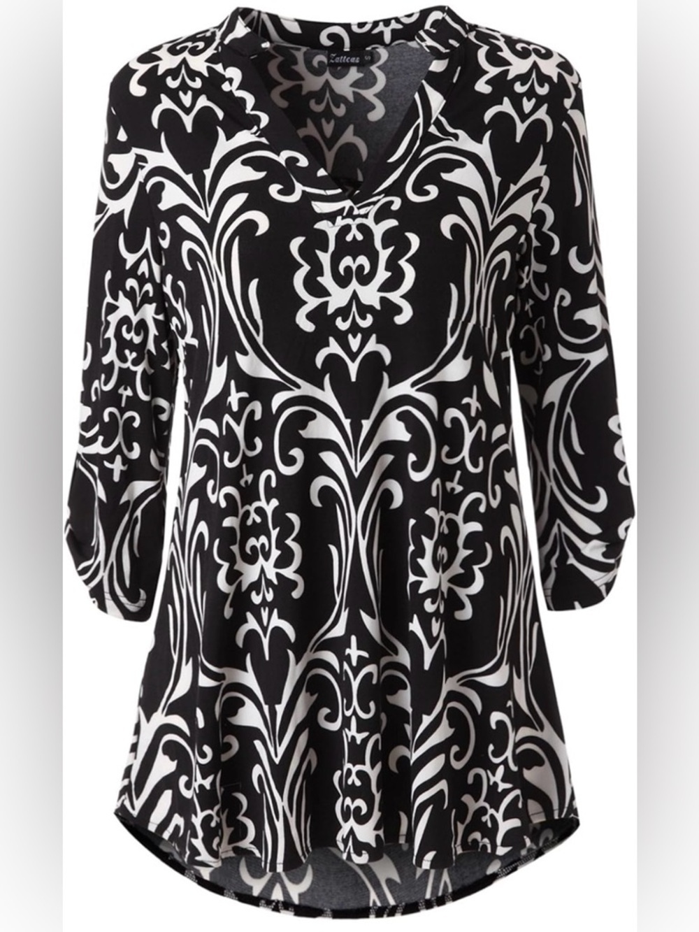 Zattcas Black and White Tunic. Size L. 3/4 Roll Sleeves. Notch Neck.